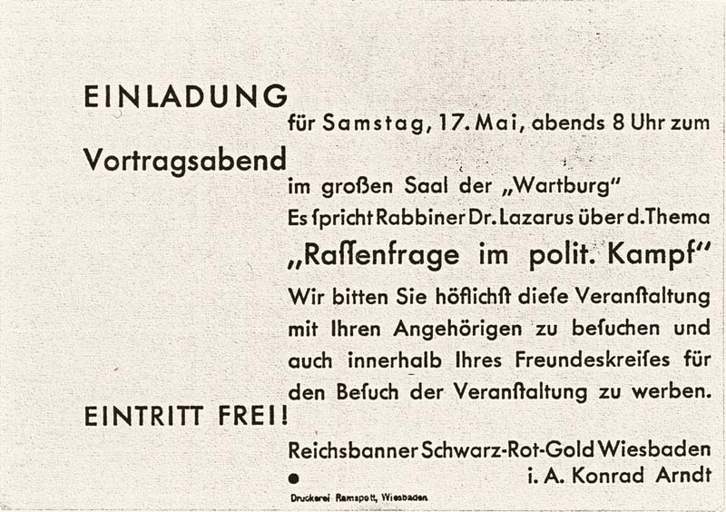 Einladung zu einer Vortragsveranstaltung mit Dr. Paul Lazarus, 1930